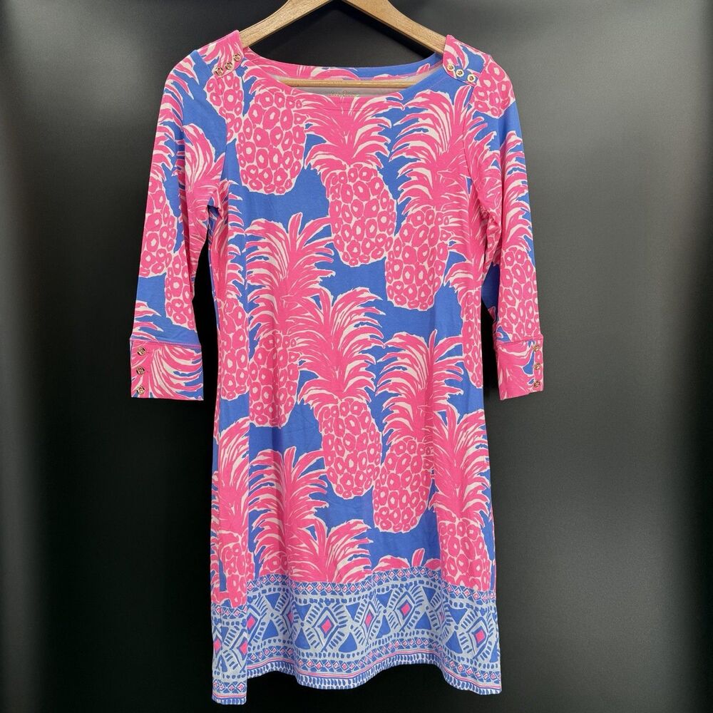EUC LILLY PULITZER SOPHIE UPF 50+ TROPICAL PINEAPPLE PINK AND BLUE DRESS LARGE